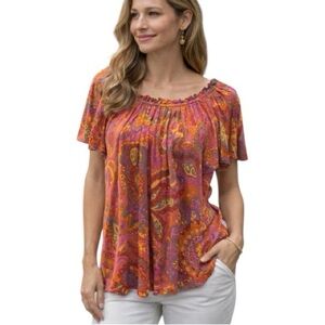 Tibi New York Silk Paisley Flutter Sleeve Blouse Boho Pink Orange‎
